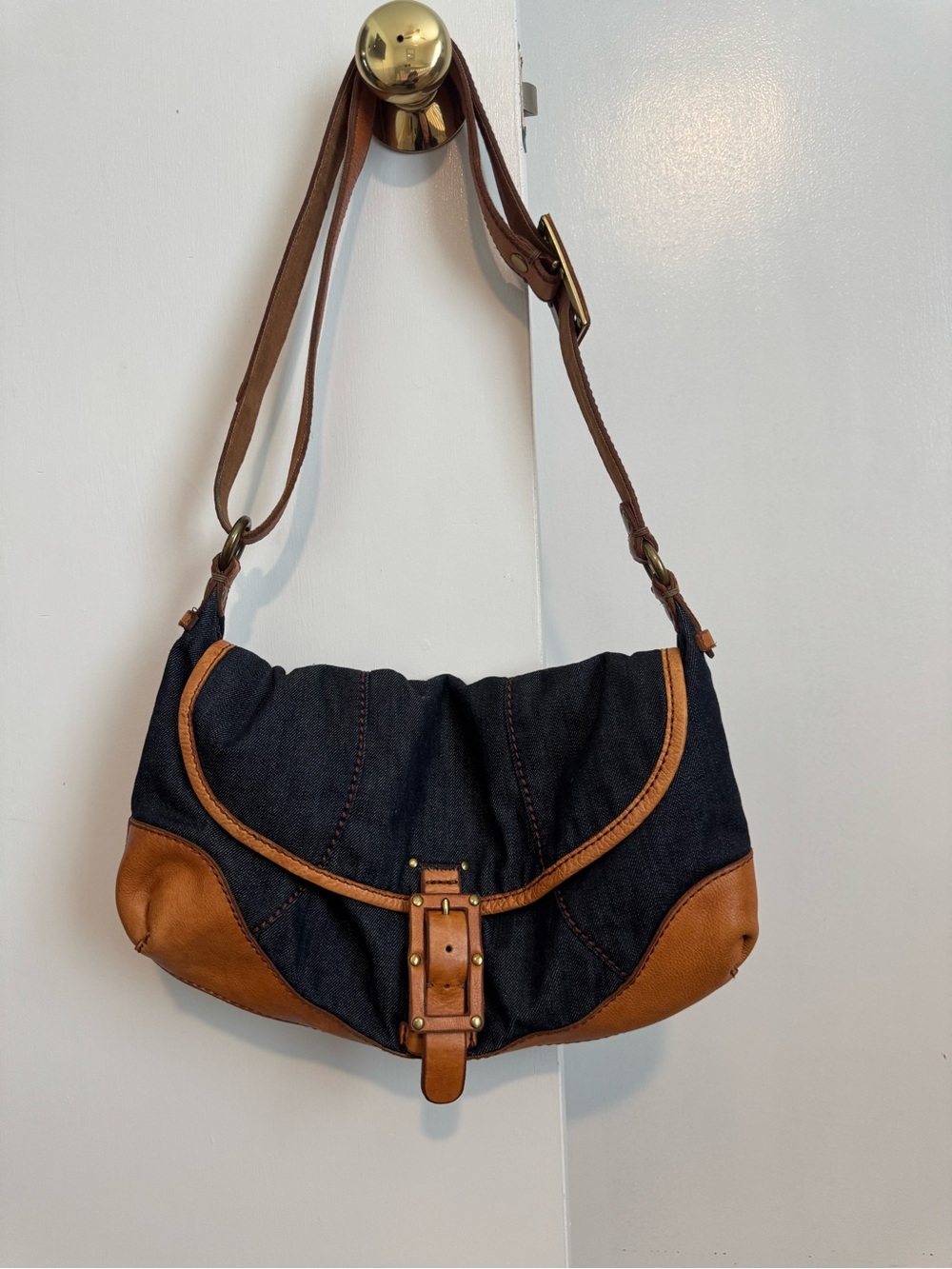 Vintage Lucky Brand Navy Denim and Brown Leather Shoulder Bag